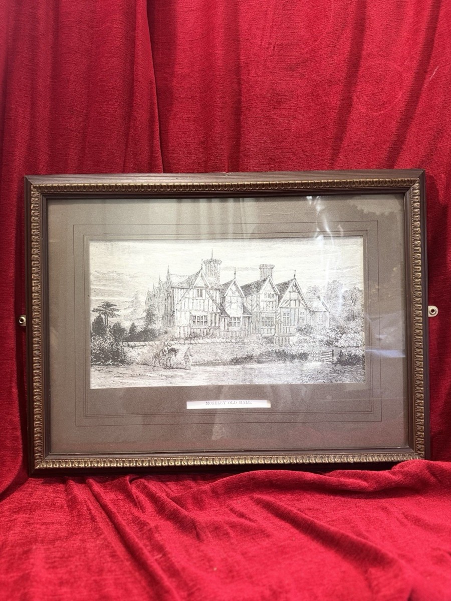 Historic Architectural Etching Of Moseley Old Hall Staffordshire, England.
