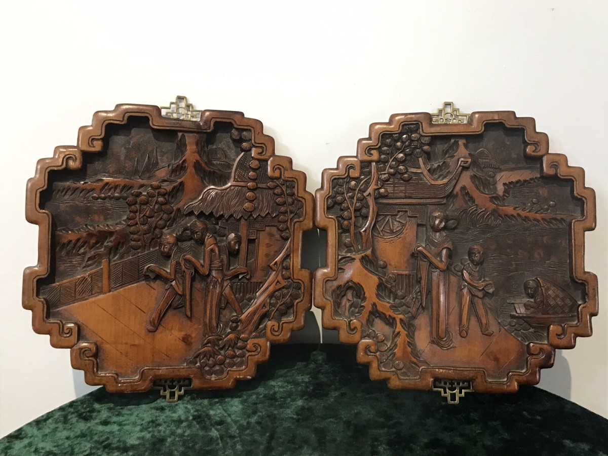 Primary image for Fine Quality Pair Of Oriental Kang Si Style Hardwood Wall Plaques