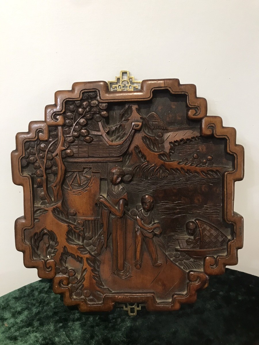 Fine Quality Pair Of Oriental Kang Si Style Hardwood Wall Plaques
