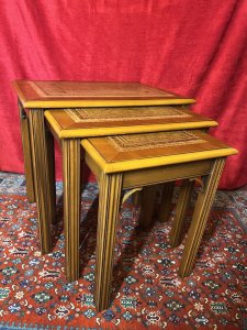 Chippendale Style Elmwood Trio Of Nesting Tables With Tan Leather Tops Circa - Vintage Composition - Solid Elmwood With Leather Tops Listing Description Chippendale Style Set Of Three Elmwood Rectangular Nesting Tables With Tan Tooled Leather Tops. Resting On Ornate Carved Corner Brackets And Set Upon Reeded Legs. Stunning Honey Elmwood Colouration With Polished Patina. Quality Usable Trio For Lounge, Office, Living Area Or Study. Dimensions In Inches Height 20 3/4" X Width 22" X Depth 15.5" For Further Information Please Call 07376 618513 Thank-you