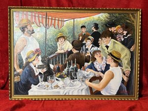 Fine Art Impressionist Artwork 'Luncheon Of The Boating Party' After Pierre-Auguste Renoir By John Wickens Circa - Dated 1971 Composition - Oil On Board Listing Description Finely Painted Reproduction Of Master Artwork After Pierre-Auguste Renoir Titled; Le Déjeuner des canotiers/ Luncheon Of The Boating Party. The Original Artwork By Pierre- Auguste Renoir Is Now Part Of The Phillips Collection In Washington D.C. The Painting Combines Figures, Still Life And Landscape In One Work And Depicts Renoirs Friends Relaxing On A Balcony At The Maison Fournaise Restaurant Along The Seine River In Chatou, France. A Total Of 14 Figures Amongst The Composition. The Painter Gustave Caillebotte, Is Seated Lower Right Conversing With Actress Angèle Legault And Italian Journalist Adrien Maggiolo. Renoir's At The Time Future Wife, Aline Charigot, Sits Opposite Playing With A Affenpincher Dog. She Replaced An Earlier Woman Who Sat For The Painting But With Whom Renoir Became Annoyed.The Table Is Abundantly Filled, A Fruit Stand In The Centre, Various Opaque Wine Bottles Behind, With Surrounding Wine Glasses At Various Drinking Stages. Actress And Model Ellen Andrée Note As The Woman With The Glass Stands Out In The Centre Of The Painting. Far Back In The Top Hat, Is noted Art Collector And Historian Charles Ephrussi. He Is Speaking With Poet Jules Laforgue. To The Right , Renoir's Friends Eugène Pierre Lestringuez And Paul Lhote Are Presented Flirting With Renowned Actress Jeanne Samary. The Original Artwork Was Debuted in 1882 At The Seventh Impressionist Exhibition, Where Three Critics Singled It Out As Best Piece In The Show. This Attributed Artwork Which Although A Copy Of The Fine Master Artwork, Is No Less Breath-Taking, A Real Showpiece. Painted By An Accomplished Hand In Vibrant Colour With Exceptional Skill And Flare. Signed By Artist John Wickens (1971) With Written Attribution To Renoir By Artist. Dimensions In Inches Height 19.5 X Width 27.5