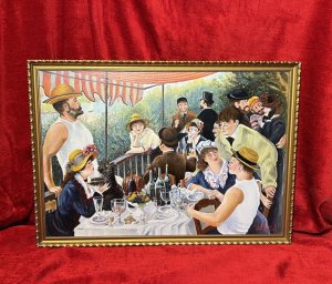 Fine Art Impressionist Artwork 'Luncheon Of The Boating Party' After Pierre-Auguste Renoir By John Wickens Circa - Dated 1971 Composition - Oil On Board Listing Description Finely Painted Reproduction Of Master Artwork After Pierre-Auguste Renoir Titled; Le Déjeuner des canotiers/ Luncheon Of The Boating Party. The Original Artwork By Pierre- Auguste Renoir Is Now Part Of The Phillips Collection In Washington D.C. The Painting Combines Figures, Still Life And Landscape In One Work And Depicts Renoirs Friends Relaxing On A Balcony At The Maison Fournaise Restaurant Along The Seine River In Chatou, France. A Total Of 14 Figures Amongst The Composition. The Painter Gustave Caillebotte, Is Seated Lower Right Conversing With Actress Angèle Legault And Italian Journalist Adrien Maggiolo. Renoir's At The Time Future Wife, Aline Charigot, Sits Opposite Playing With A Affenpincher Dog. She Replaced An Earlier Woman Who Sat For The Painting But With Whom Renoir Became Annoyed.The Table Is Abundantly Filled, A Fruit Stand In The Centre, Various Opaque Wine Bottles Behind, With Surrounding Wine Glasses At Various Drinking Stages. Actress And Model Ellen Andrée Note As The Woman With The Glass Stands Out In The Centre Of The Painting. Far Back In The Top Hat, Is noted Art Collector And Historian Charles Ephrussi. He Is Speaking With Poet Jules Laforgue. To The Right , Renoir's Friends Eugène Pierre Lestringuez And Paul Lhote Are Presented Flirting With Renowned Actress Jeanne Samary. The Original Artwork Was Debuted in 1882 At The Seventh Impressionist Exhibition, Where Three Critics Singled It Out As Best Piece In The Show. This Attributed Artwork Which Although A Copy Of The Fine Master Artwork, Is No Less Breath-Taking, A Real Showpiece. Painted By An Accomplished Hand In Vibrant Colour With Exceptional Skill And Flare. Signed By Artist John Wickens (1971) With Written Attribution To Renoir By Artist. Dimensions In Inches Height 19.5 X Width 27.5