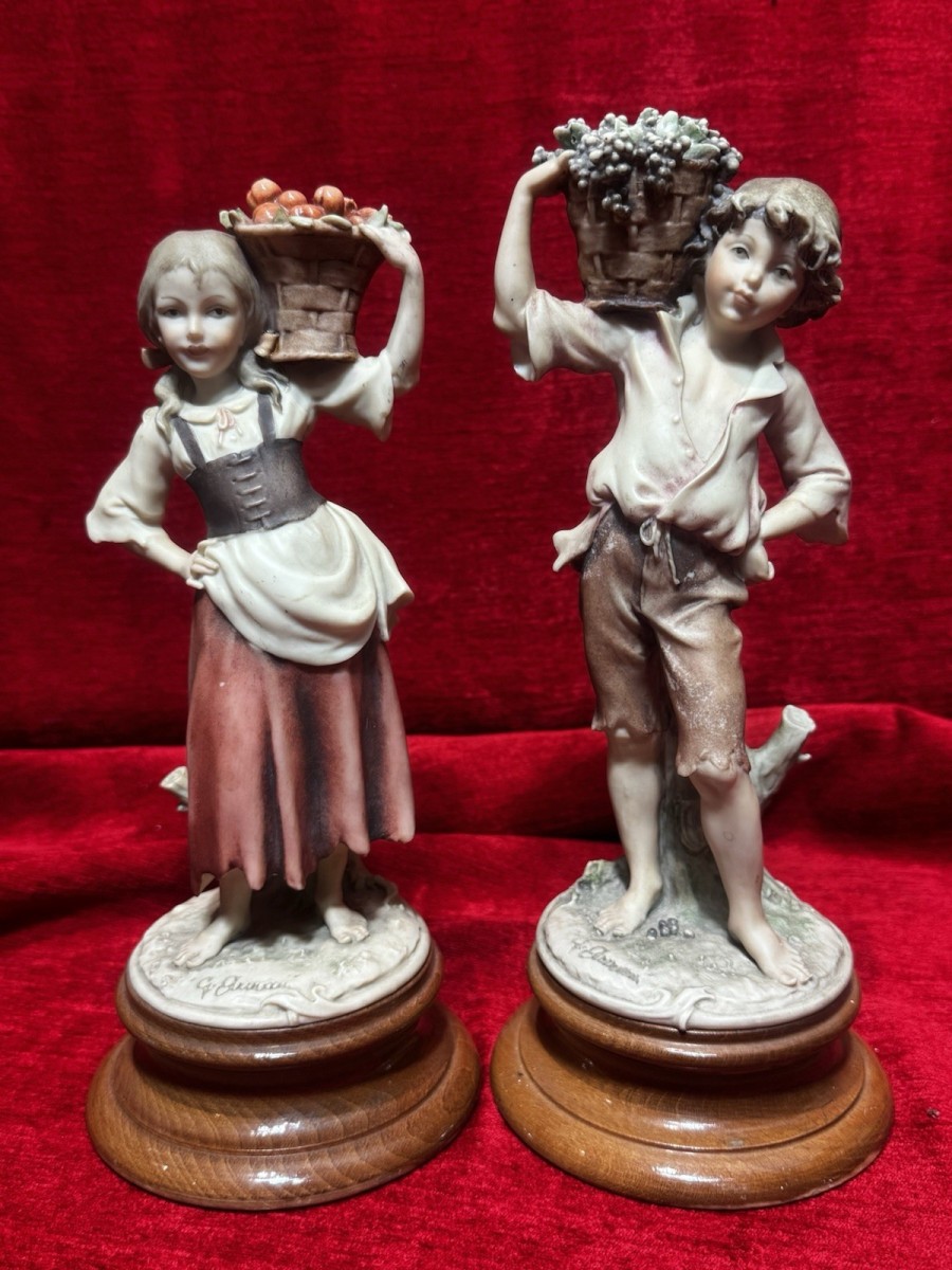 Primary image for Giuseppe Armani Capodimonte Pair Boy & Girl Fruit Bearer Figurines Wooden Base
