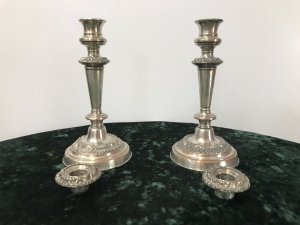 Pair Of Antique Period Georgian Silver Plate Candle Sticks Silver Plate On Copper Candle Sticks With Lift Out Candle Holders Acanthus Leaf Decoration Showing Signs Of Wear To Silver Plate Revealing Copper Base Dimensions In Inches Height 9” Base Width 4.5” Circular