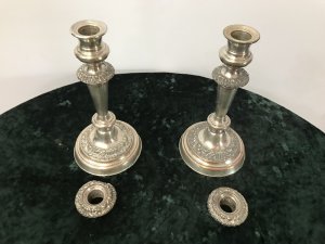 Pair Of Antique Period Georgian Silver Plate Candle Sticks Silver Plate On Copper Candle Sticks With Lift Out Candle Holders Acanthus Leaf Decoration Showing Signs Of Wear To Silver Plate Revealing Copper Base Dimensions In Inches Height 9” Base Width 4.5” Circular