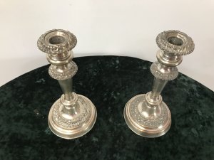 Pair Of Antique Period Georgian Silver Plate Candle Sticks Silver Plate On Copper Candle Sticks With Lift Out Candle Holders Acanthus Leaf Decoration Showing Signs Of Wear To Silver Plate Revealing Copper Base Dimensions In Inches Height 9” Base Width 4.5” Circular