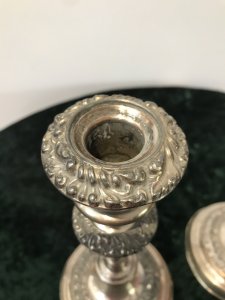 Pair Of Antique Period Georgian Silver Plate Candle Sticks Silver Plate On Copper Candle Sticks With Lift Out Candle Holders Acanthus Leaf Decoration Showing Signs Of Wear To Silver Plate Revealing Copper Base Dimensions In Inches Height 9” Base Width 4.5” Circular