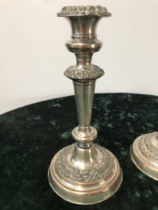 Pair Of Antique Period Georgian Silver Plate Candle Sticks Silver Plate On Copper Candle Sticks With Lift Out Candle Holders Acanthus Leaf Decoration Showing Signs Of Wear To Silver Plate Revealing Copper Base Dimensions In Inches Height 9” Base Width 4.5” Circular