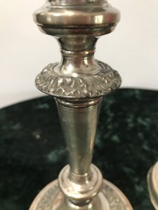 Pair Of Antique Period Georgian Silver Plate Candle Sticks Silver Plate On Copper Candle Sticks With Lift Out Candle Holders Acanthus Leaf Decoration Showing Signs Of Wear To Silver Plate Revealing Copper Base Dimensions In Inches Height 9” Base Width 4.5” Circular