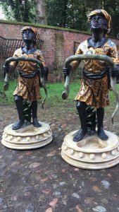 Grand Tour 20th Century Tour Pair Of Blackamour Figures Aynhoe Park Manor. Composition- Fibreglass Compound Resin Age - Vintage Reproduction Pair Of Vintage Hand Crafted Blackamoor Figures Holding A Serpent In Gilt Gowns And Colonial Headwear Decorated With Colourful Mythological Ornamental Floral Motifs . For Use As Walking/ Hunting Cane / Umbrella Stands. High Quality Pair In Fabulous Detail With Detailed Facial Features, Hands And Feet. Stunning Elegant Statement Pair For Manor House/ Stately Home / Hotel / Boutique. Grand Tour Aynhoe Park Style. Dimensions In Inches Height 50” Width 22” Base Diameter 21”