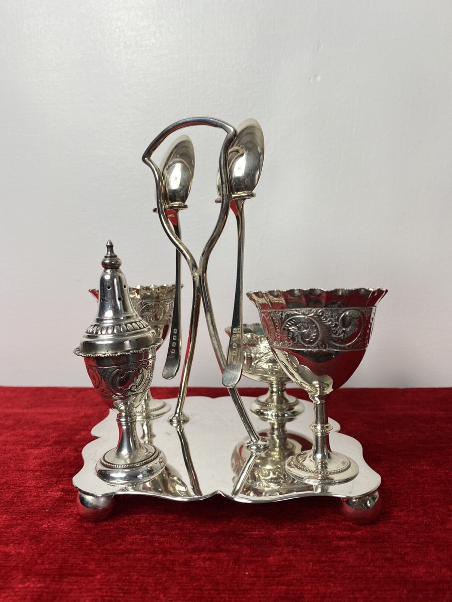 Antique Elegant Egg Cruet Breakfast Set In Christopher Dresser Style