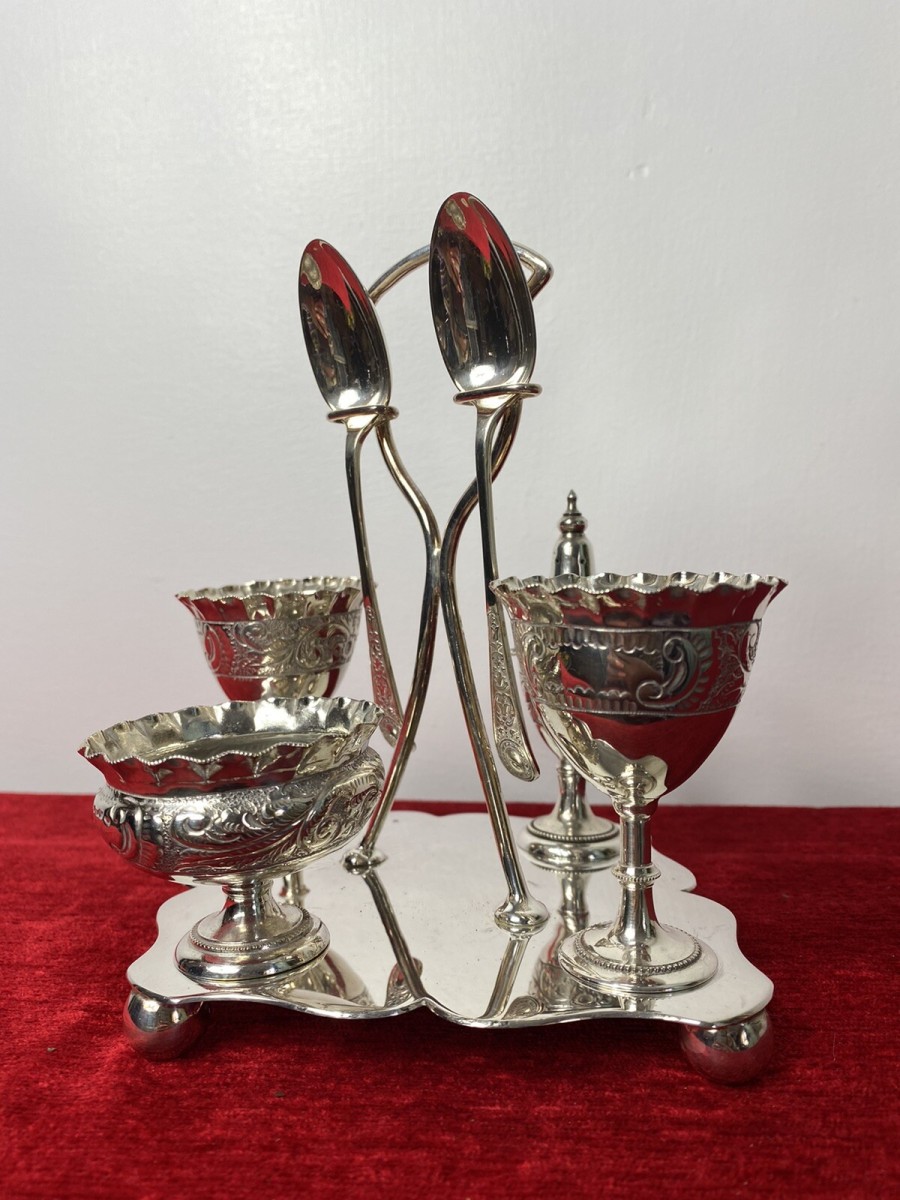 Antique Elegant Egg Cruet Breakfast Set In Christopher Dresser Style
