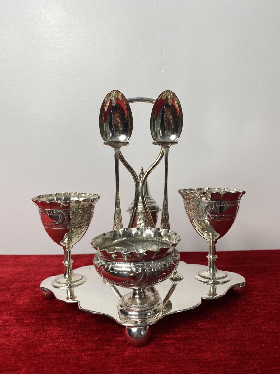 Antique Elegant Egg Cruet Breakfast Set In Christopher Dresser Style