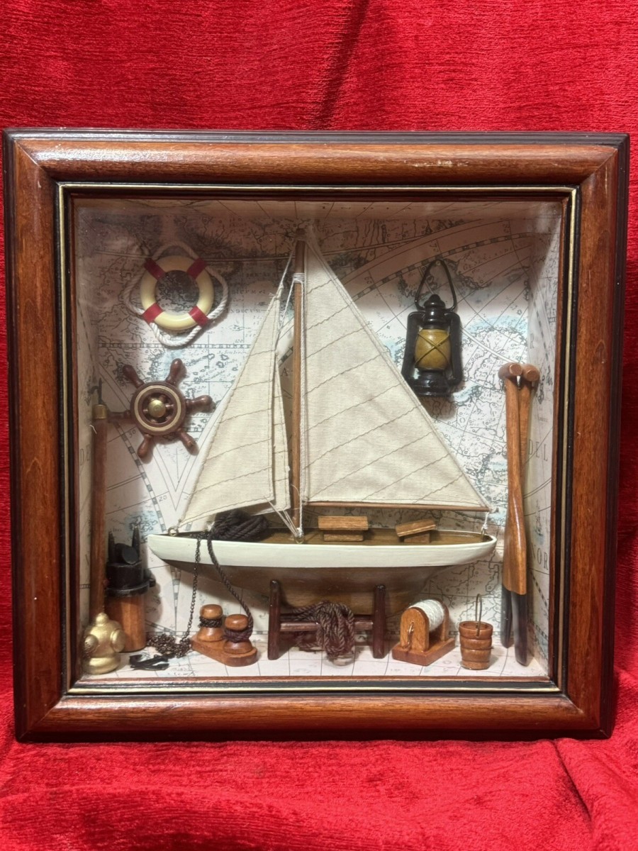 Primary image for Charming Vintage Sailing Boat Marine Diorama In Case C.1980