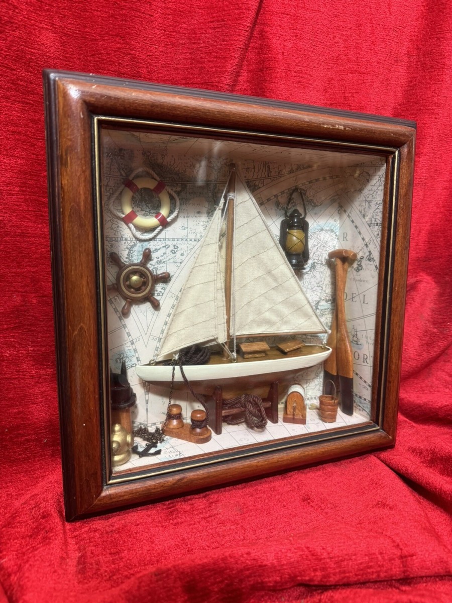 Charming Vintage Sailing Boat Marine Diorama In Case C.1980