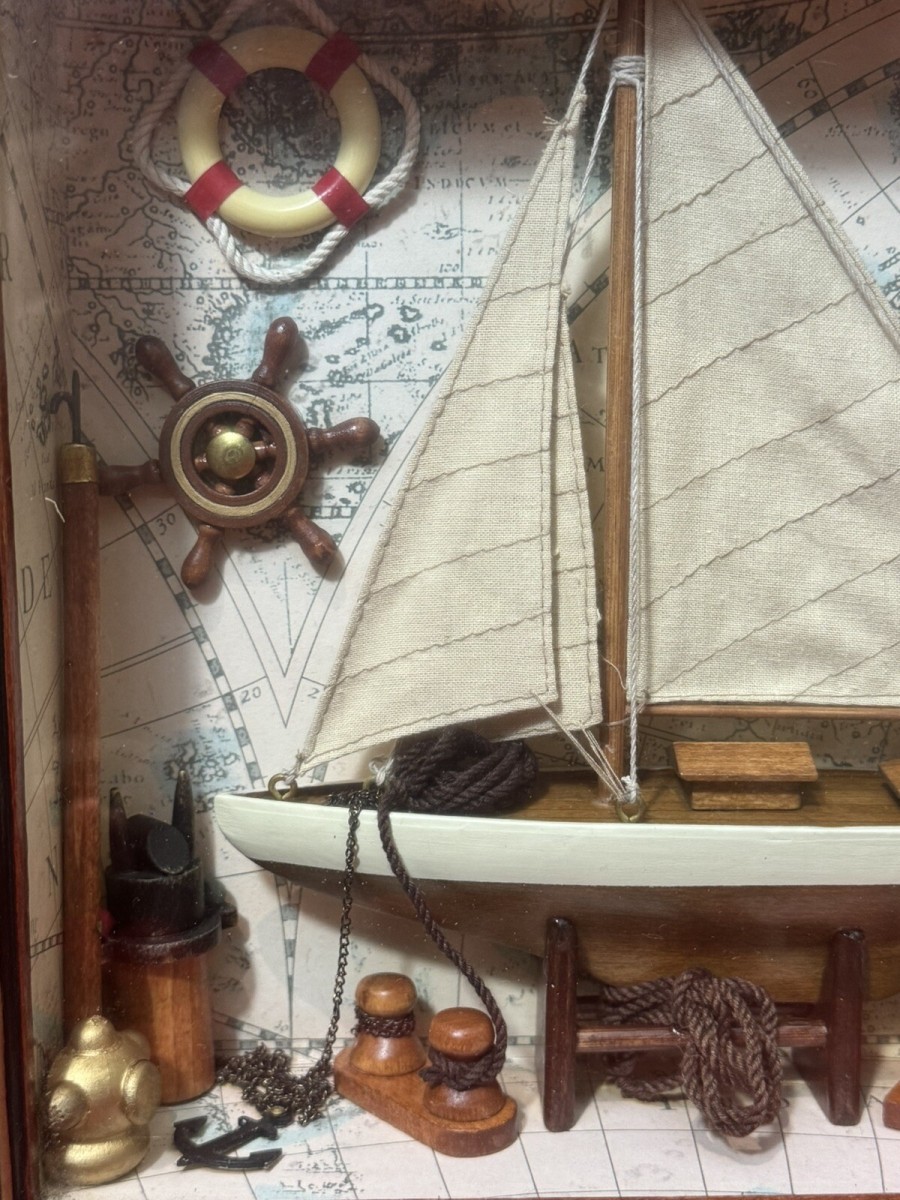 Charming Vintage Sailing Boat Marine Diorama In Case C.1980