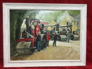 Steam Locomotive Rollers Rally And Enthusiast Oil Painting On Board Signed Beddow Dated 2002 Composition - Oil On Artist Board Artwork Title - Gathering Steam Listing Description Charming Oil Painting Depicting Three Steam Rollers At Rally Or Heritage Event With Prominent Red Locomotive Resembling A Model Produced By Aveling & Porter Manufacturers. A Gentleman Photographing The Red Engine, With Two Females Chatting At The Rear Of the Locomotive. Wonderful Backdrop Of Rising Steams Off Engines, Stone Built House And Foliage. Signed by Artist Beddow & Set In Wood Frame Dimensions in Cms Height 50cm X Width 60.5cm