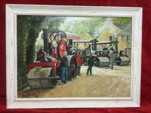 Steam Locomotive Rollers Rally And Enthusiast Oil Painting On Board Signed Beddow Dated 2002 Composition - Oil On Artist Board Artwork Title - Gathering Steam Listing Description Charming Oil Painting Depicting Three Steam Rollers At Rally Or Heritage Event With Prominent Red Locomotive Resembling A Model Produced By Aveling & Porter Manufacturers. A Gentleman Photographing The Red Engine, With Two Females Chatting At The Rear Of the Locomotive. Wonderful Backdrop Of Rising Steams Off Engines, Stone Built House And Foliage. Signed by Artist Beddow & Set In Wood Frame Dimensions in Cms Height 50cm X Width 60.5cm