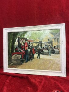 Steam Locomotive Rollers Rally And Enthusiast Oil Painting On Board Signed Beddow Dated 2002 Composition - Oil On Artist Board Artwork Title - Gathering Steam Listing Description Charming Oil Painting Depicting Three Steam Rollers At Rally Or Heritage Event With Prominent Red Locomotive Resembling A Model Produced By Aveling & Porter Manufacturers. A Gentleman Photographing The Red Engine, With Two Females Chatting At The Rear Of the Locomotive. Wonderful Backdrop Of Rising Steams Off Engines, Stone Built House And Foliage. Signed by Artist Beddow & Set In Wood Frame Dimensions in Cms Height 50cm X Width 60.5cm
