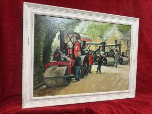 Steam Locomotive Rollers Rally And Enthusiast Oil Painting On Board Signed Beddow Dated 2002 Composition - Oil On Artist Board Artwork Title - Gathering Steam Listing Description Charming Oil Painting Depicting Three Steam Rollers At Rally Or Heritage Event With Prominent Red Locomotive Resembling A Model Produced By Aveling & Porter Manufacturers. A Gentleman Photographing The Red Engine, With Two Females Chatting At The Rear Of the Locomotive. Wonderful Backdrop Of Rising Steams Off Engines, Stone Built House And Foliage. Signed by Artist Beddow & Set In Wood Frame Dimensions in Cms Height 50cm X Width 60.5cm