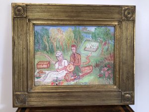Original Contemporary Oil On Canvas Painting By Shiela Parker Dunbar Walker Landscape With A Man And Woman Having A Picnic With A Bottle Of Wine With A House, Garden And Foliage In The Background Quirky Subject A Type Of Folk Art Wonderful Colour Coordination Set In Ornate Gilt Wood Frame Dated 1970 - 1975 Exhibited In Paris Exhibition Dimensions In Inches Height 19” Width 23” Depth 1”