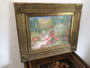 Original Contemporary Oil On Canvas Painting By Shiela Parker Dunbar Walker Landscape With A Man And Woman Having A Picnic With A Bottle Of Wine With A House, Garden And Foliage In The Background Quirky Subject A Type Of Folk Art Wonderful Colour Coordination Set In Ornate Gilt Wood Frame Dated 1970 - 1975 Exhibited In Paris Exhibition Dimensions In Inches Height 19” Width 23” Depth 1”