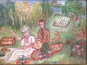 Original Contemporary Oil On Canvas Painting By Shiela Parker Dunbar Walker Landscape With A Man And Woman Having A Picnic With A Bottle Of Wine With A House, Garden And Foliage In The Background Quirky Subject A Type Of Folk Art Wonderful Colour Coordination Set In Ornate Gilt Wood Frame Dated 1970 - 1975 Exhibited In Paris Exhibition Dimensions In Inches Height 19” Width 23” Depth 1”