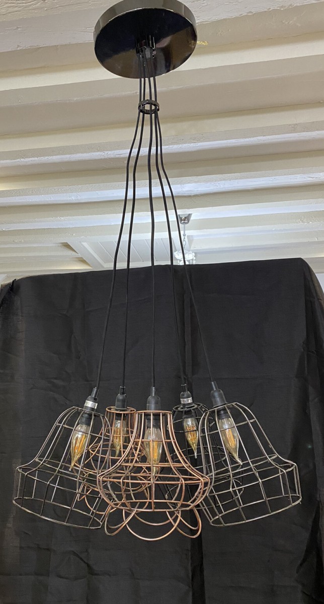Primary image for Modernistic Five Bulb With Wirework Shades Saloon Style Chandelier Centrepiece