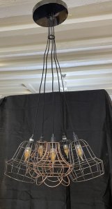 Modernistic Five Bulb With Wirework Shades Saloon Style Chandelier Centrepiece. Circa - 20th Century Composition - Metal Fixture/ Wirework Shades Large Modernistic 5 Bulb Spider Chandelier With Decorative Wirework Shades And Candle Bulbs. Gunmetal Circular Top Mount Ready To Wire In Position. Five Shades In Gunmetal And Bronze Wirework.Can Be Hung As Shown Or Each Wire Can Be Positioned On Ceiling As Spider Fixture. Wiring In Good Order We Advise Pat Testing On Electrical Products Before Use. Dimensions In Inches Hanging Height 43" Chandelier Width As Shown 22"