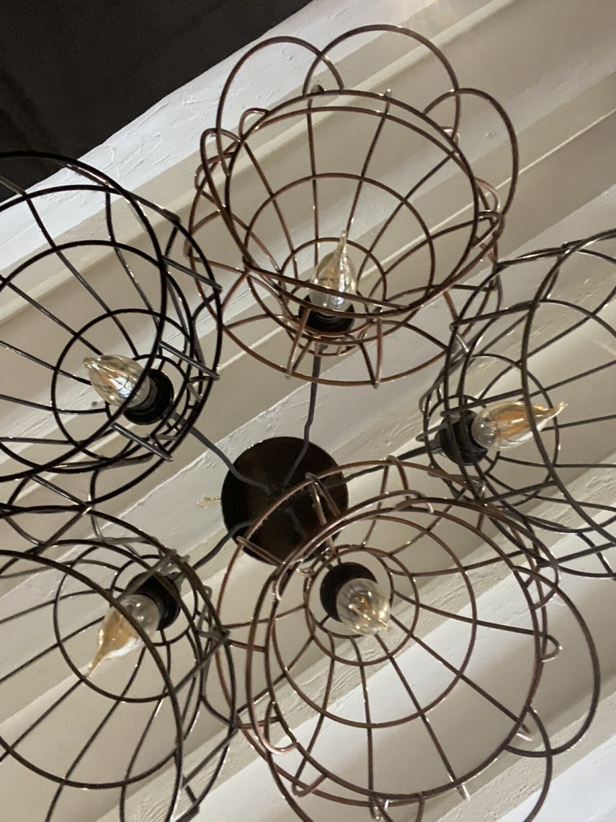 Modernistic Five Bulb With Wirework Shades Saloon Style Chandelier Centrepiece