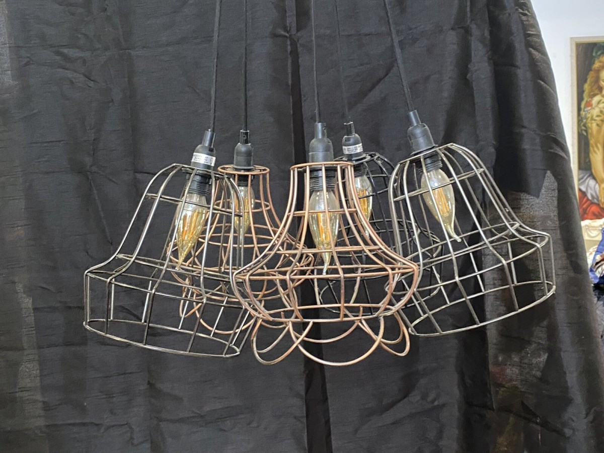 Modernistic Five Bulb With Wirework Shades Saloon Style Chandelier Centrepiece