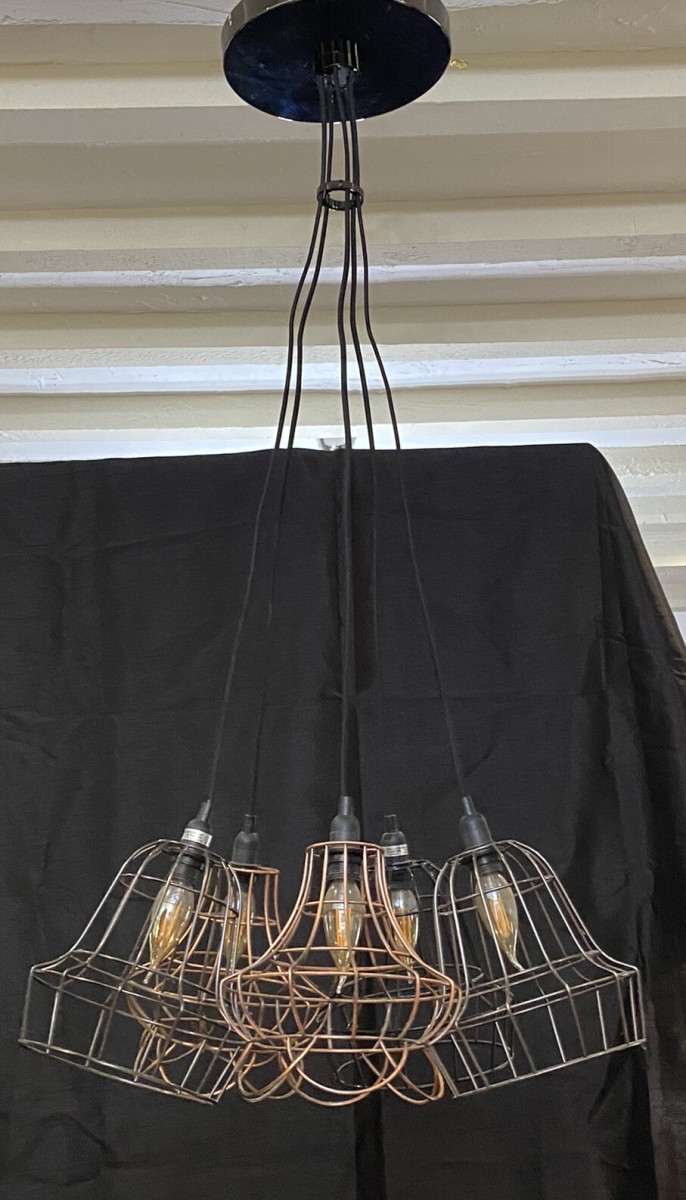 Modernistic Five Bulb With Wirework Shades Saloon Style Chandelier Centrepiece