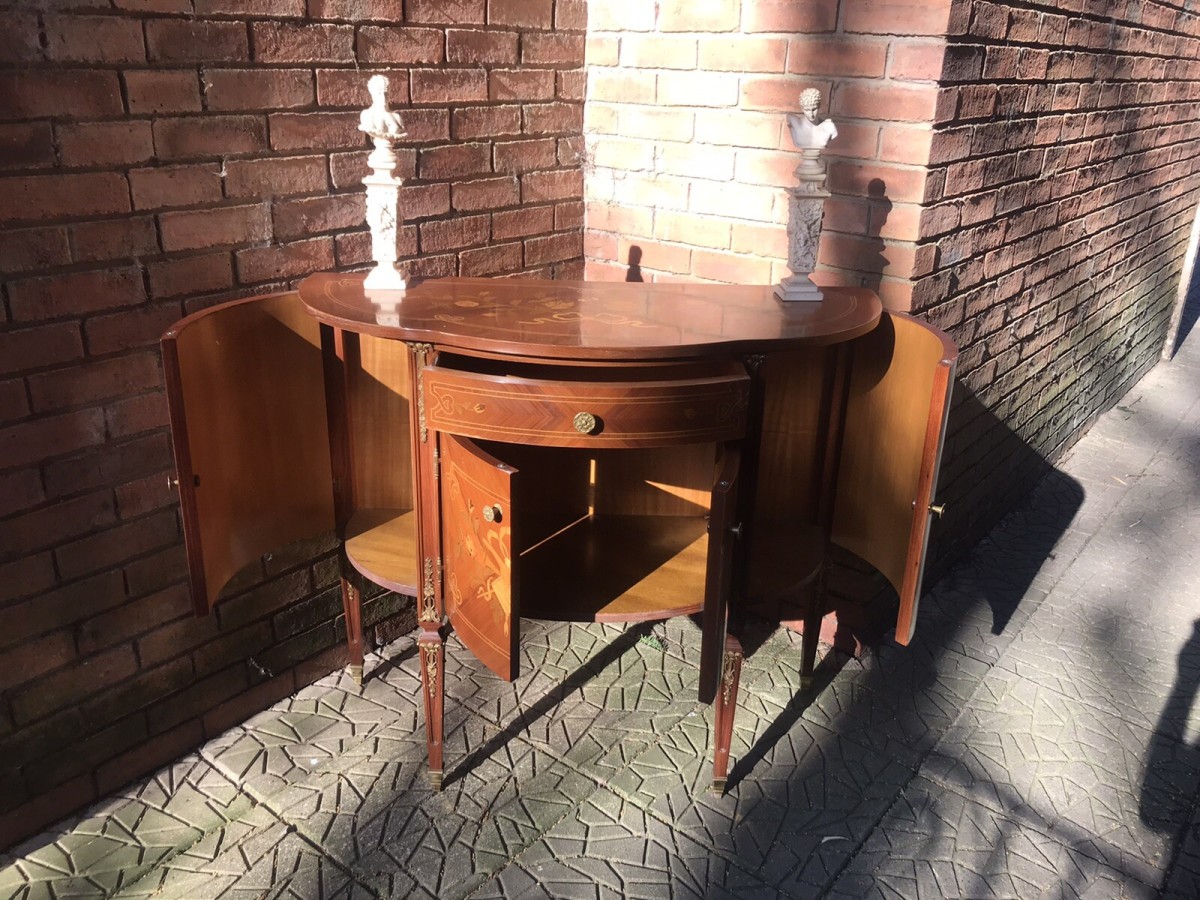 Italianate Marquetry Bow Front Commode With Romantic Floral Bouquet Inlays