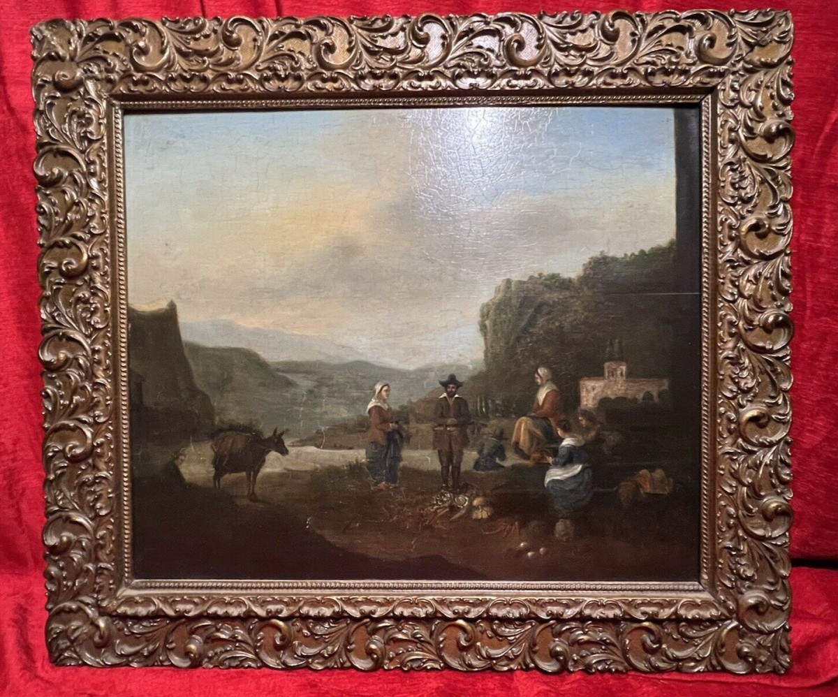 Primary image for Dutch 18th Century Old Master Oil Painting 'peasant Figures In Castle Landscape'