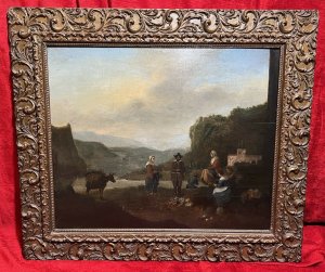 Dutch 18th Century Old Master Oil Painting With Peasant Figures In Castle Landscape Circa - 1750 Composition - Oil On Wooden Panel Listing Description Wonderful 18th Century Dutch School Oil Painting Upon Wooden Panel. In The Forefront Of The Landscape Are Severn Pheasant Figures Painted In Fine Detail Including Three Maidens, Three Gentlemen And A Child. Amongst Them Stand Two Donkeys, One Bearing A Large Wicker Basket Upon Its Back. Presumably Carrying An Abundance Of Fruit, Some of Which Lies At The Feet Of The Central Gentleman. Finely Detailed Background With Exceptional Perspective Showcasing Mountinous Landscape And Meandering River. A Large Fort Sits Upon The Hillside With Elaborate Gate House To The Right Of The Figures. Set In Original Gilt-wood Frame. Unsigned Condition - Very Good Paintwork With Blemishes And Cracking Conducive To Age And Usage. Dimensions In Inches Height 23.5" Width 27"