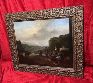 Dutch 18th Century Old Master Oil Painting With Peasant Figures In Castle Landscape Circa - 1750 Composition - Oil On Wooden Panel Listing Description Wonderful 18th Century Dutch School Oil Painting Upon Wooden Panel. In The Forefront Of The Landscape Are Severn Pheasant Figures Painted In Fine Detail Including Three Maidens, Three Gentlemen And A Child. Amongst Them Stand Two Donkeys, One Bearing A Large Wicker Basket Upon Its Back. Presumably Carrying An Abundance Of Fruit, Some of Which Lies At The Feet Of The Central Gentleman. Finely Detailed Background With Exceptional Perspective Showcasing Mountinous Landscape And Meandering River. A Large Fort Sits Upon The Hillside With Elaborate Gate House To The Right Of The Figures. Set In Original Gilt-wood Frame. Unsigned Condition - Very Good Paintwork With Blemishes And Cracking Conducive To Age And Usage. Dimensions In Inches Height 23.5" Width 27"