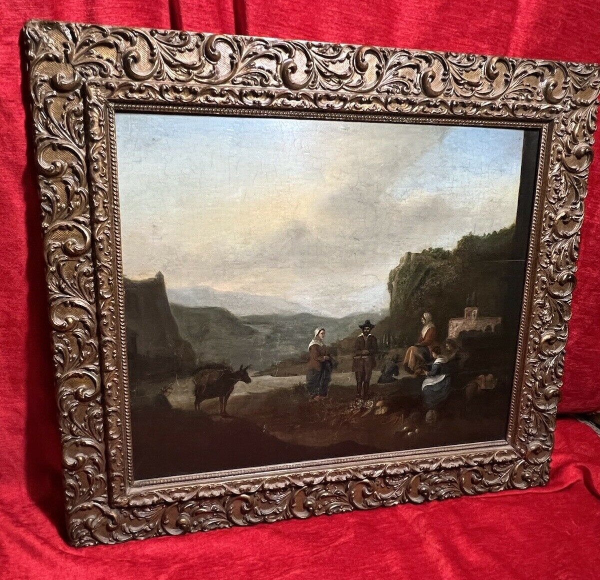Dutch 18th Century Old Master Oil Painting 'peasant Figures In Castle Landscape'