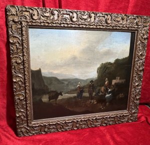 Dutch 18th Century Old Master Oil Painting With Peasant Figures In Castle Landscape Circa - 1750 Composition - Oil On Wooden Panel Listing Description Wonderful 18th Century Dutch School Oil Painting Upon Wooden Panel. In The Forefront Of The Landscape Are Severn Pheasant Figures Painted In Fine Detail Including Three Maidens, Three Gentlemen And A Child. Amongst Them Stand Two Donkeys, One Bearing A Large Wicker Basket Upon Its Back. Presumably Carrying An Abundance Of Fruit, Some of Which Lies At The Feet Of The Central Gentleman. Finely Detailed Background With Exceptional Perspective Showcasing Mountinous Landscape And Meandering River. A Large Fort Sits Upon The Hillside With Elaborate Gate House To The Right Of The Figures. Set In Original Gilt-wood Frame. Unsigned Condition - Very Good Paintwork With Blemishes And Cracking Conducive To Age And Usage. Dimensions In Inches Height 23.5" Width 27"