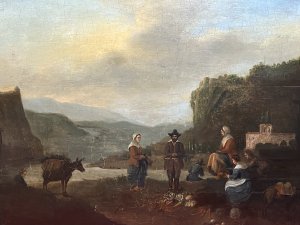 Dutch 18th Century Old Master Oil Painting With Peasant Figures In Castle Landscape Circa - 1750 Composition - Oil On Wooden Panel Listing Description Wonderful 18th Century Dutch School Oil Painting Upon Wooden Panel. In The Forefront Of The Landscape Are Severn Pheasant Figures Painted In Fine Detail Including Three Maidens, Three Gentlemen And A Child. Amongst Them Stand Two Donkeys, One Bearing A Large Wicker Basket Upon Its Back. Presumably Carrying An Abundance Of Fruit, Some of Which Lies At The Feet Of The Central Gentleman. Finely Detailed Background With Exceptional Perspective Showcasing Mountinous Landscape And Meandering River. A Large Fort Sits Upon The Hillside With Elaborate Gate House To The Right Of The Figures. Set In Original Gilt-wood Frame. Unsigned Condition - Very Good Paintwork With Blemishes And Cracking Conducive To Age And Usage. Dimensions In Inches Height 23.5" Width 27"