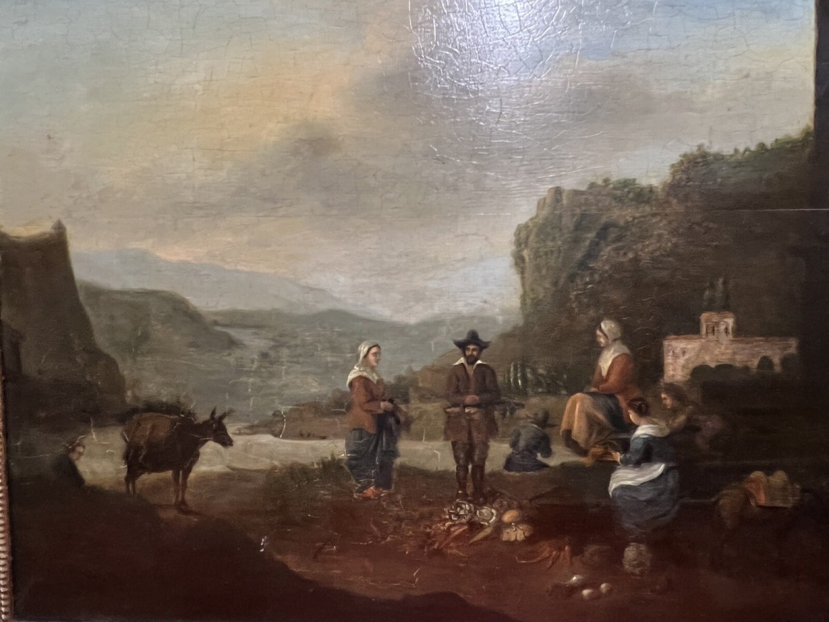 Dutch 18th Century Old Master Oil Painting 'peasant Figures In Castle Landscape'