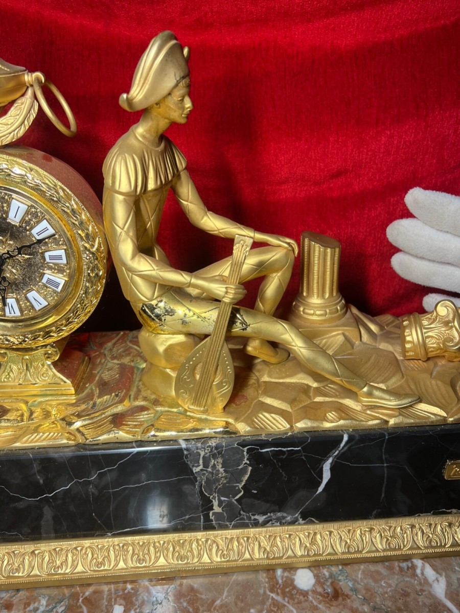 Italian Empire Figural Salon Clock Of Posed Court Jester With Loot