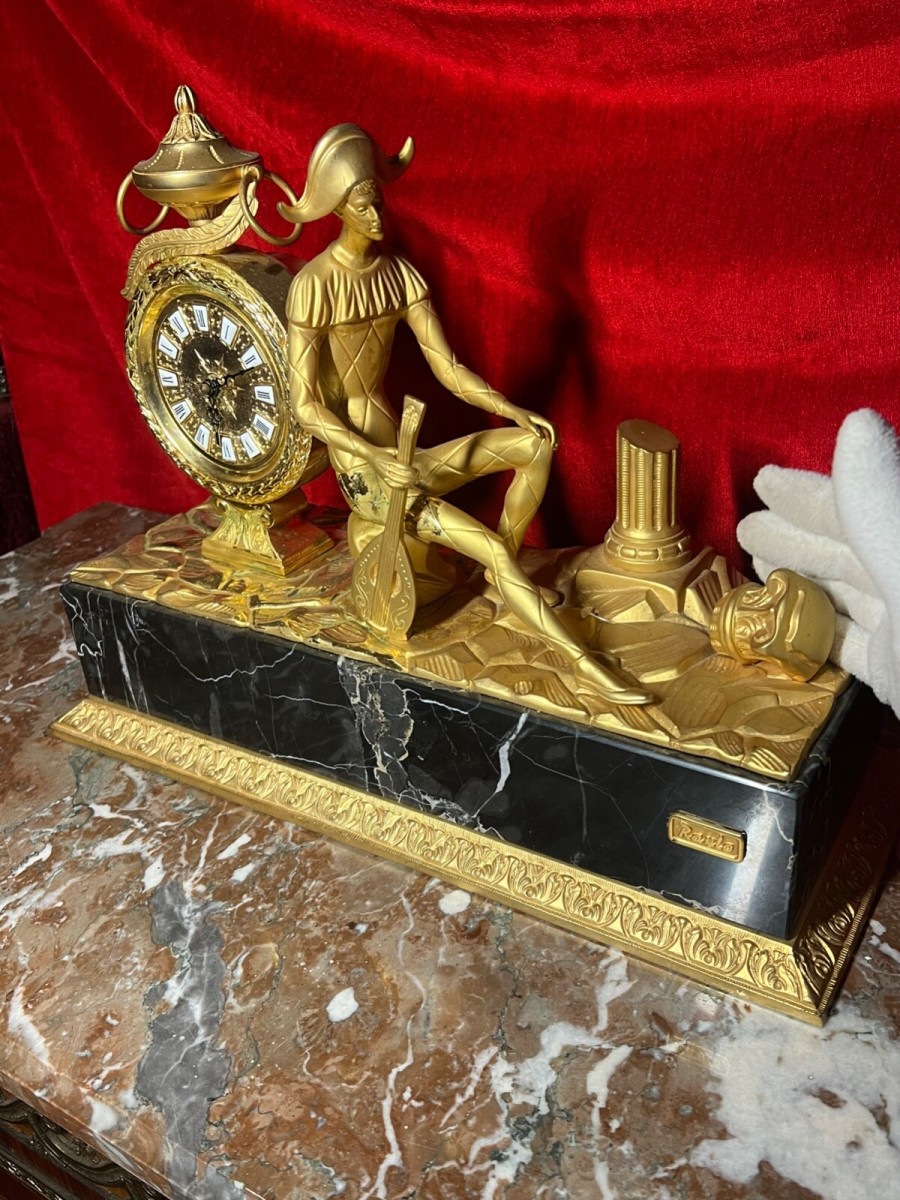 Italian Empire Figural Salon Clock Of Posed Court Jester With Loot