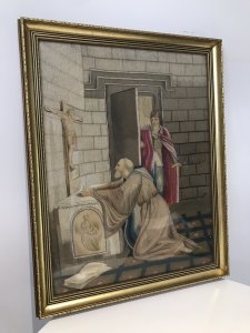 Fine Victorian Silk Work Prayer Tapestry Portrait St Raymond At The Alter Praying To A Crucifix Of Christ With A Young Price In Royal Attire Overlooking Him Set In Gilt Wood Frame Dated 1870-1890 Stunning Quality Silk Work Tapestry With Intricate Details Beautiful Condition Religious Collectors Item Dimensions In Inches Height 27” Width 21”