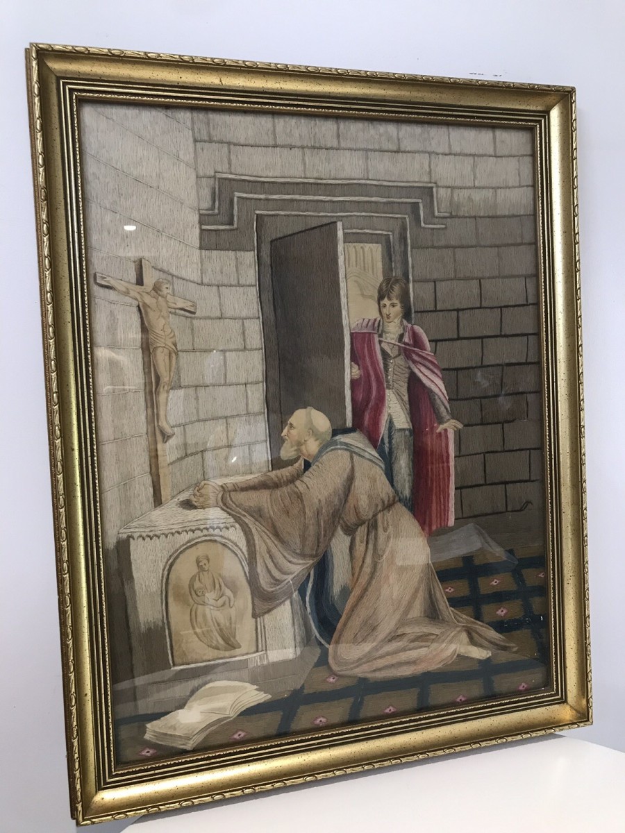 Fine Victorian Silk Work Prayer Tapestry In Gilt Wood Frame