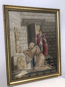 Fine Victorian Silk Work Prayer Tapestry Portrait St Raymond At The Alter Praying To A Crucifix Of Christ With A Young Price In Royal Attire Overlooking Him Set In Gilt Wood Frame Dated 1870-1890 Stunning Quality Silk Work Tapestry With Intricate Details Beautiful Condition Religious Collectors Item Dimensions In Inches Height 27” Width 21”