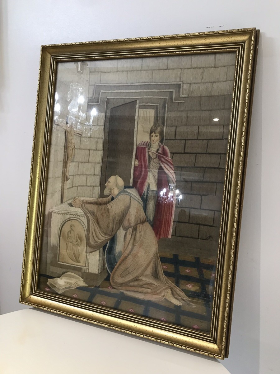 Fine Victorian Silk Work Prayer Tapestry In Gilt Wood Frame
