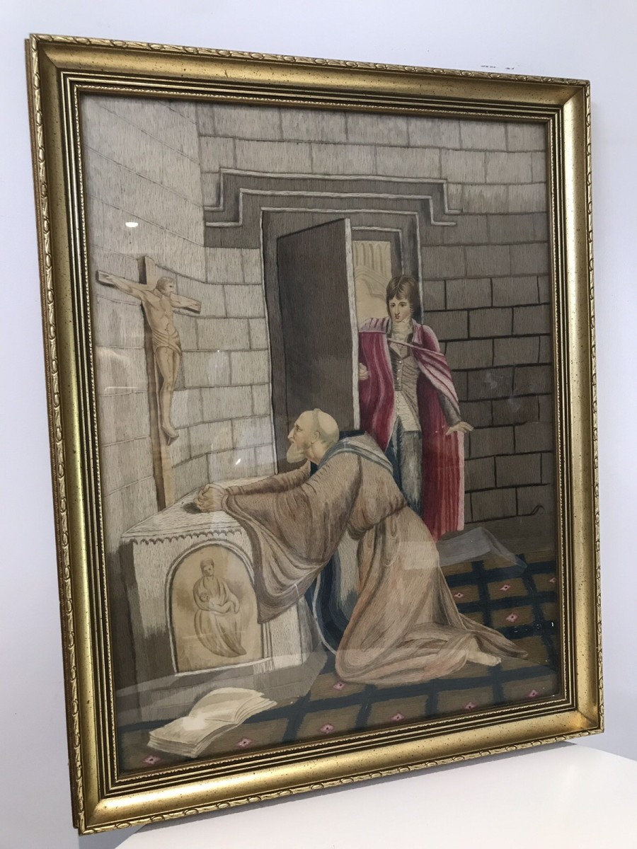 Fine Victorian Silk Work Prayer Tapestry In Gilt Wood Frame