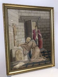 Fine Victorian Silk Work Prayer Tapestry Portrait St Raymond At The Alter Praying To A Crucifix Of Christ With A Young Price In Royal Attire Overlooking Him Set In Gilt Wood Frame Dated 1870-1890 Stunning Quality Silk Work Tapestry With Intricate Details Beautiful Condition Religious Collectors Item Dimensions In Inches Height 27” Width 21”