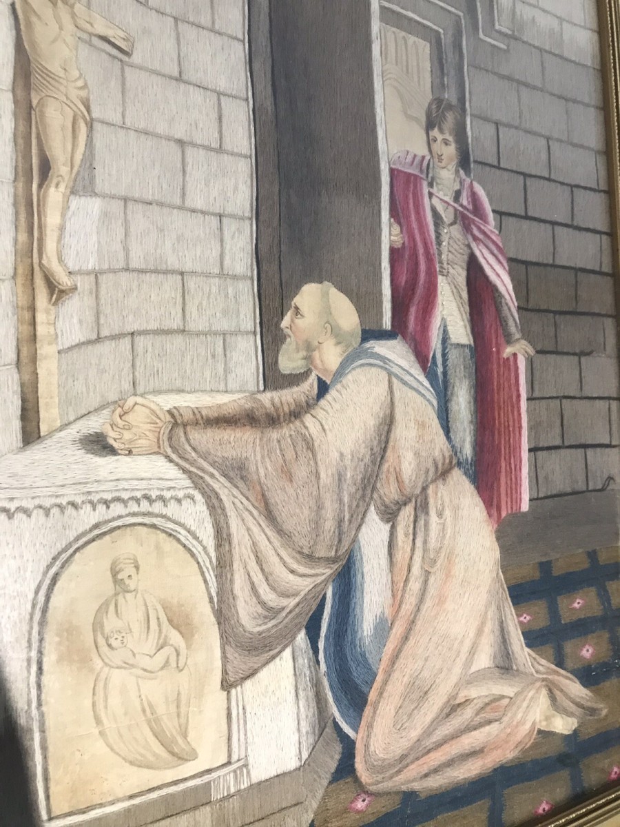 Fine Victorian Silk Work Prayer Tapestry In Gilt Wood Frame