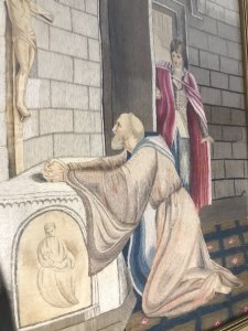 Fine Victorian Silk Work Prayer Tapestry Portrait St Raymond At The Alter Praying To A Crucifix Of Christ With A Young Price In Royal Attire Overlooking Him Set In Gilt Wood Frame Dated 1870-1890 Stunning Quality Silk Work Tapestry With Intricate Details Beautiful Condition Religious Collectors Item Dimensions In Inches Height 27” Width 21”